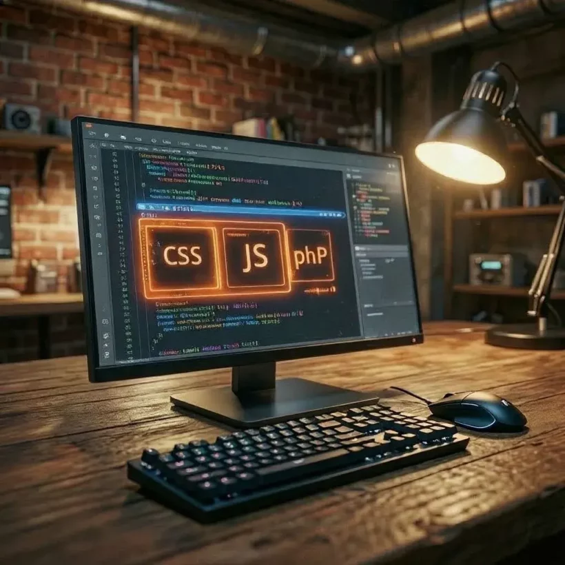 VS Code с кодом HTML, CSS, JS и PHP на ПК (стиль лофт)